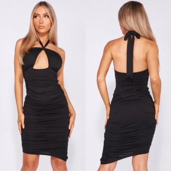 Dresses & Skirts - Black Sleeveless Halter Neck Backless Open Back Cutout Ruched Bodycon Mini Dress